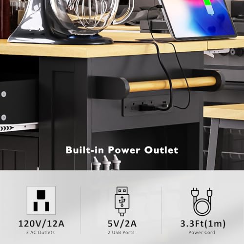 Black Kitchen Island with Power Outlet and Drop Leaf W2277