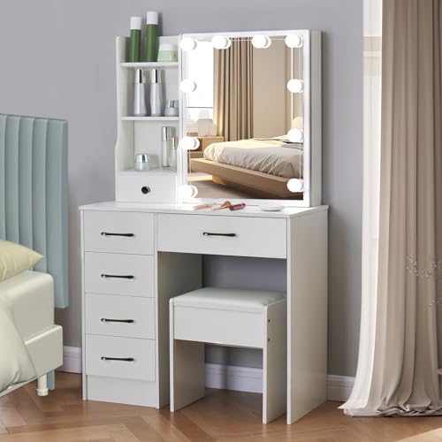 White Vanity Desk with Makeup Mirror and 10 Lights, 3 Color Mode Dimmable Sliding Lighted Mirror, 6 Large Drawers and 3 Level Storage Shelves, Upholstered Stool N56243