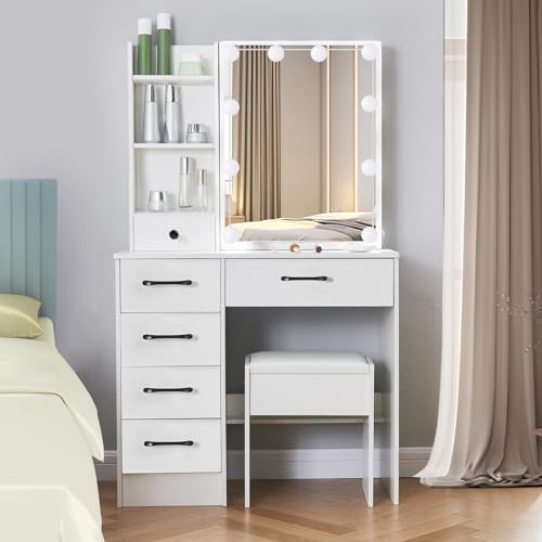 White Vanity Desk with Makeup Mirror and 10 Lights, 3 Color Mode Dimmable Sliding Lighted Mirror, 6 Large Drawers and 3 Level Storage Shelves, Upholstered Stool N56243