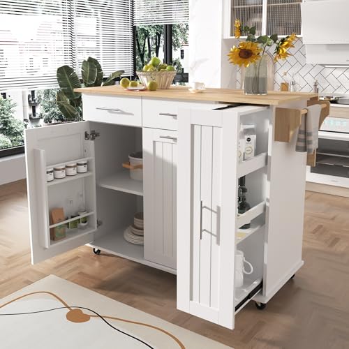 White Farmhouse Kitchen Island with Power Outlet and Drop Leaf B691
