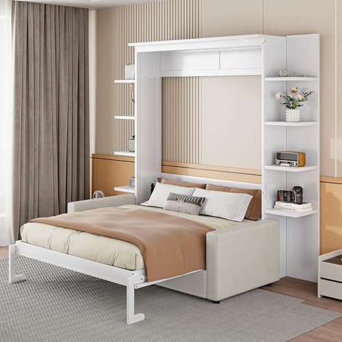 White Queen Size Wood Murphy Bed with Storage Shelves W17579