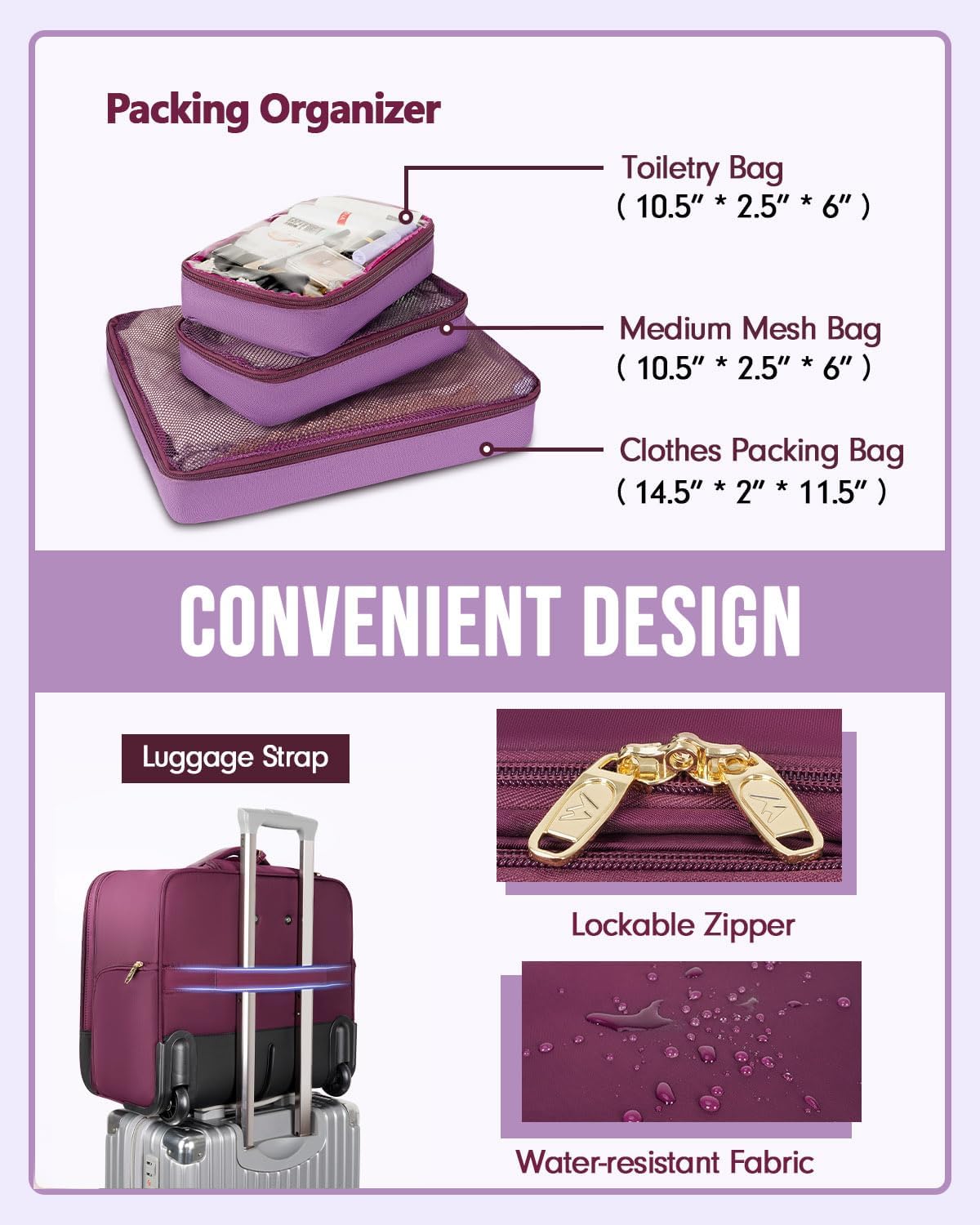 Large 17 Inch Purple Rolling Laptop Travel Bag with Wheels K814
