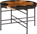 24 Inch Round Accent Side Table, Teak Root Wood and Iron, Brown, Black I76375