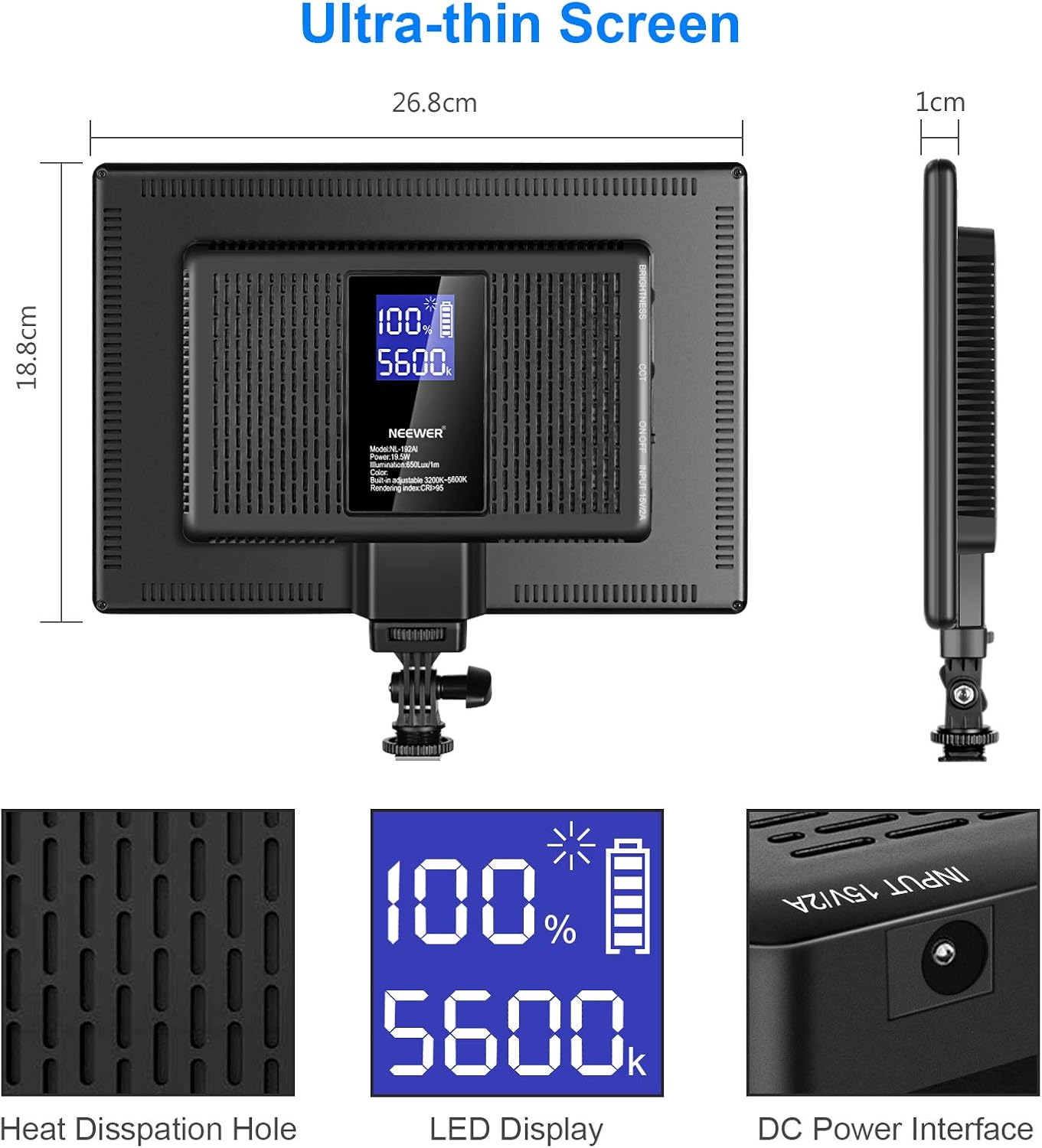 Ultra-Thin LED Soft Light Panel with LCD Display, Dimmable Bi-Color 3200-5600K CRI95+ On Camera Video Light P71939