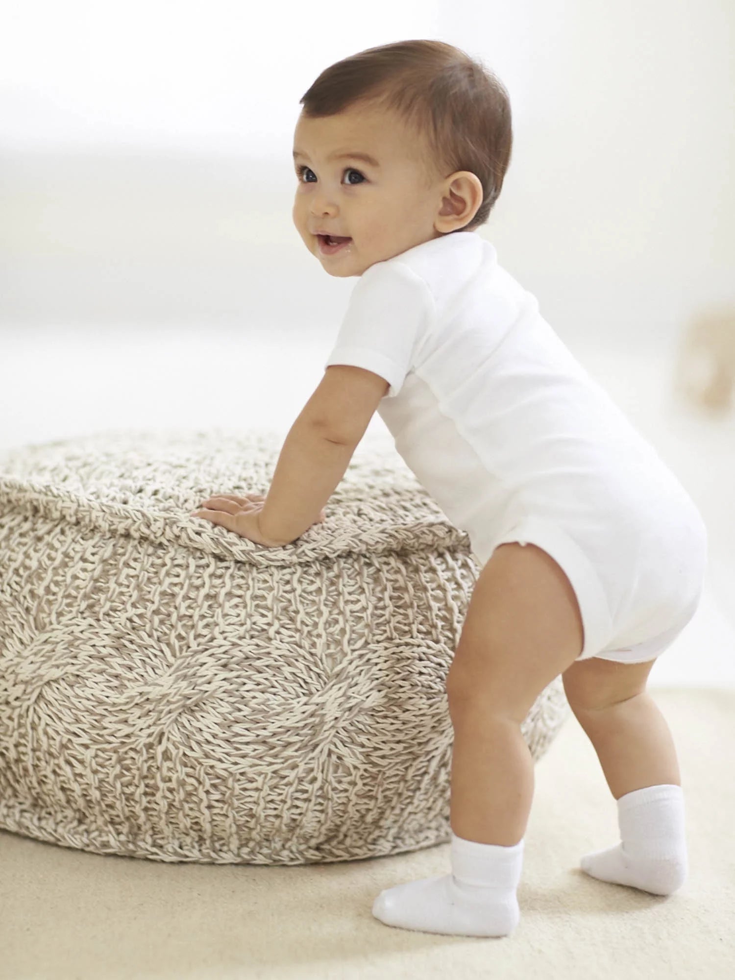 White Cotton Rib Short Sleeve Bodysuits, 8-Pack Q82436