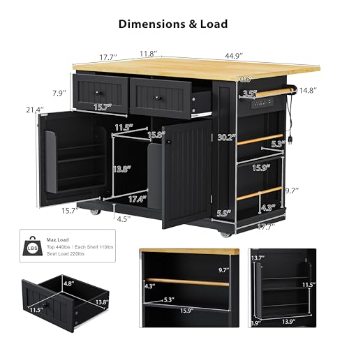 Black Kitchen Island with Power Outlet and Drop Leaf W2277