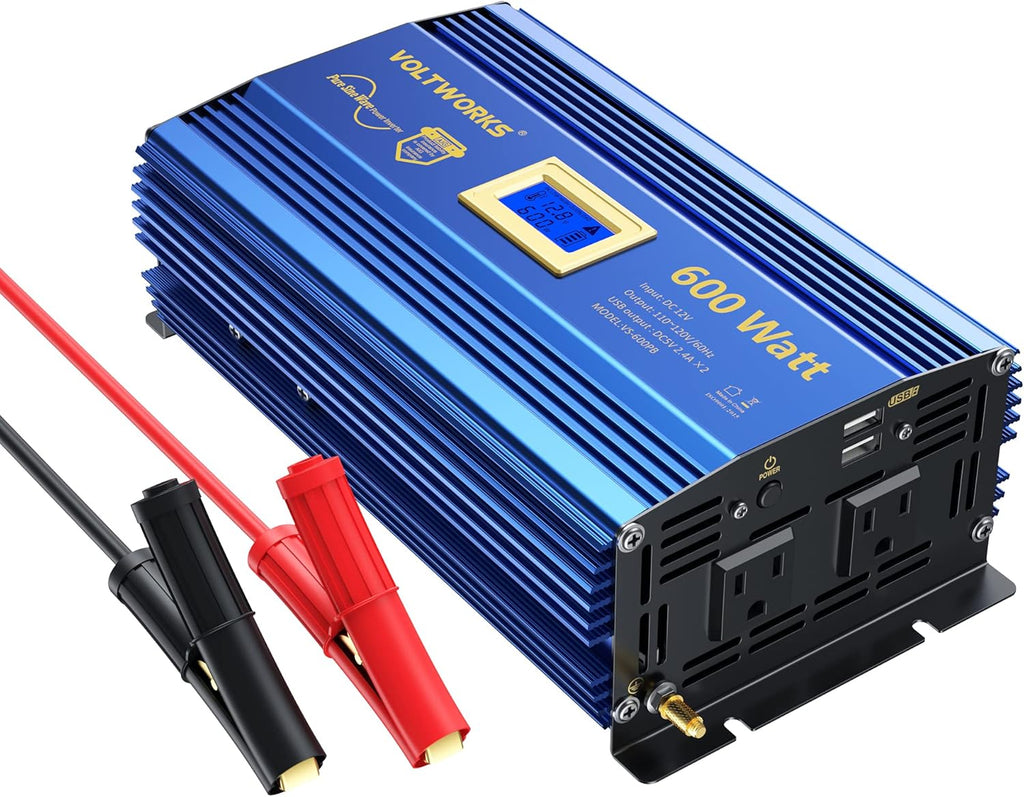 600 Watts Pure Sine Wave Power Inverter DC 12V to AC 110V 120V with Dual 2.4A USB Port & LCD Display T2839