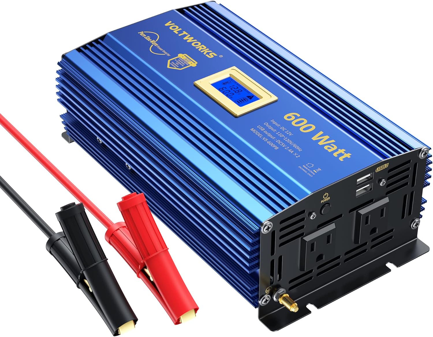 600 Watts Pure Sine Wave Power Inverter DC 12V to AC 110V 120V with Dual 2.4A USB Port & LCD Display T2839
