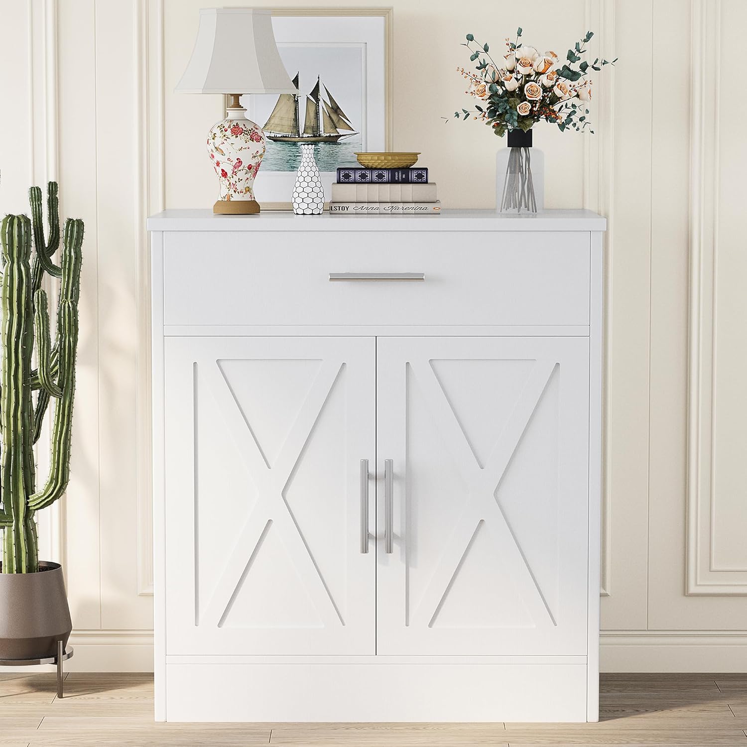 Ivory White Wood Sideboard Buffet Cabinet with 2 Doors J81803