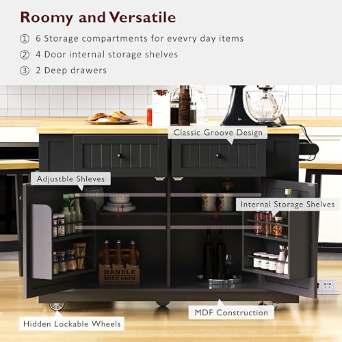 Black Kitchen Island with Power Outlet and Drop Leaf W2277