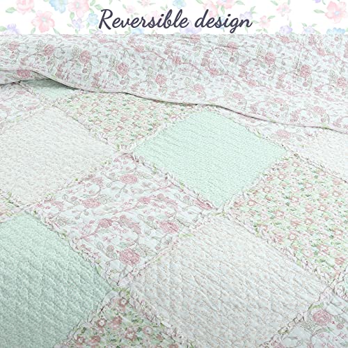 3-Piece Soft Pink Peach Green Cotton Reversible Queen Quilt Bedding Set I54539