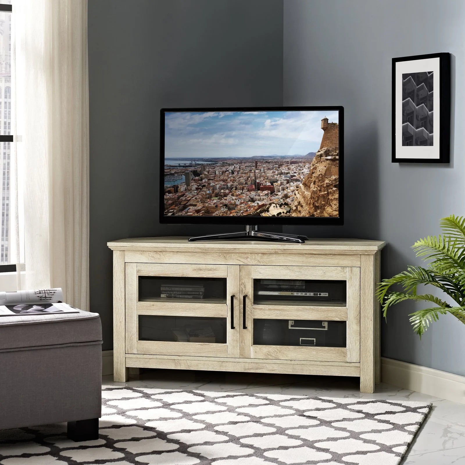 Grey Wash Wood Corner TV Console Y3977