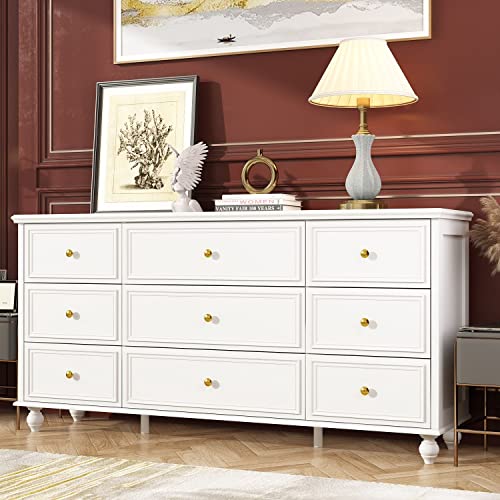 White 9 Drawer Chest of Drawers with Gold Metal Handles & Wooden Legs J6863