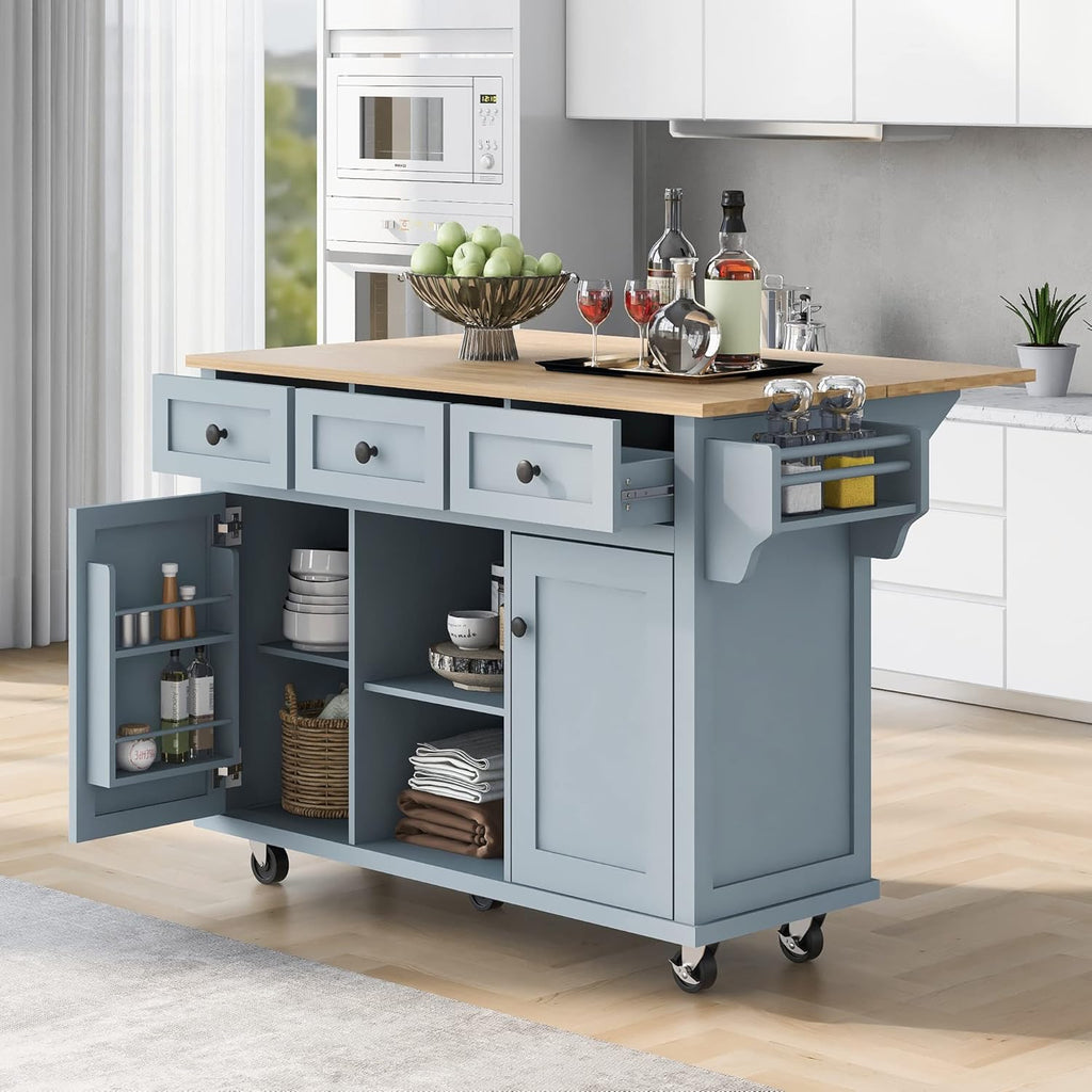 Blue Kitchen Cart with Rubber Wood Drop-Leaf Countertop R356542