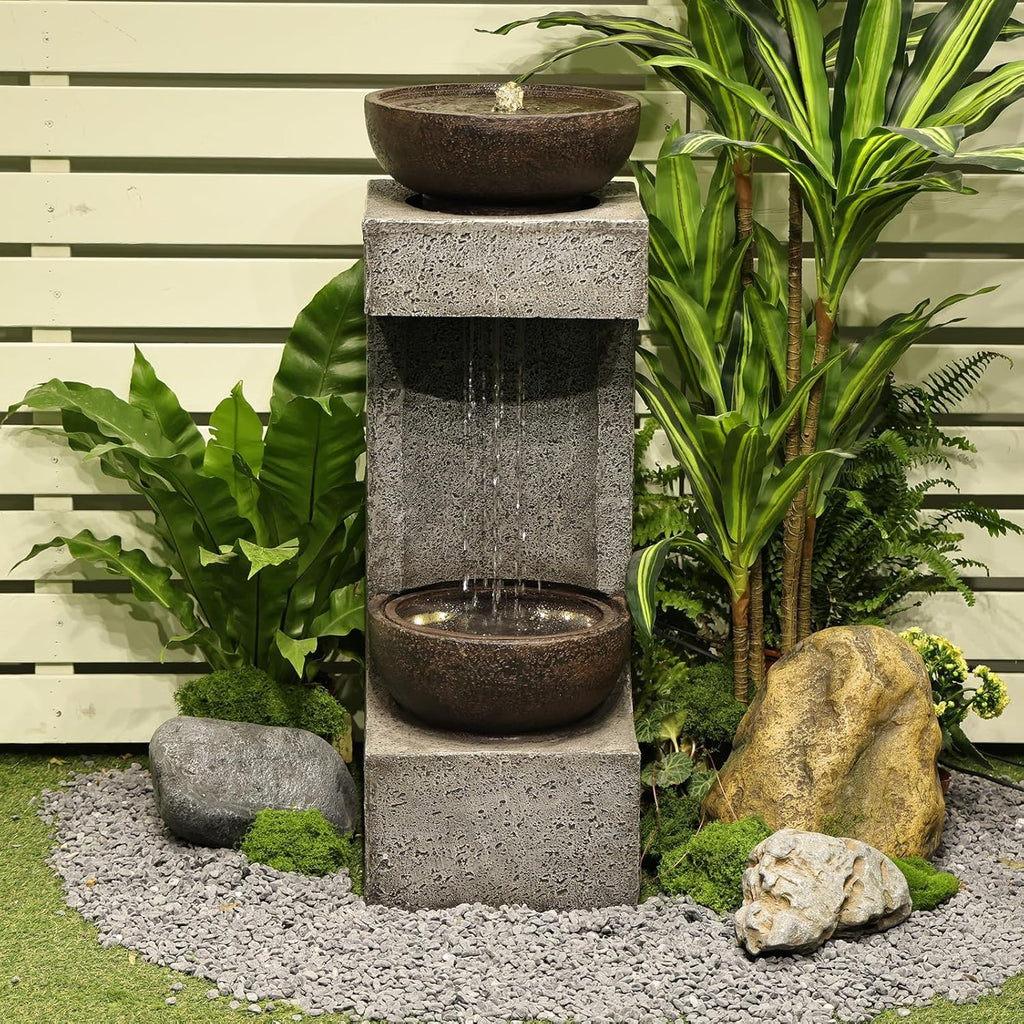 33.9" H Modern Tiered Outdoor Fountain with Lights and Stone Planter T304286