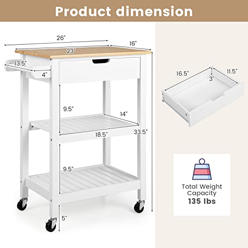 Natural Bamboo Rolling Kitchen Island Cart with Drawer and Shelves K29671