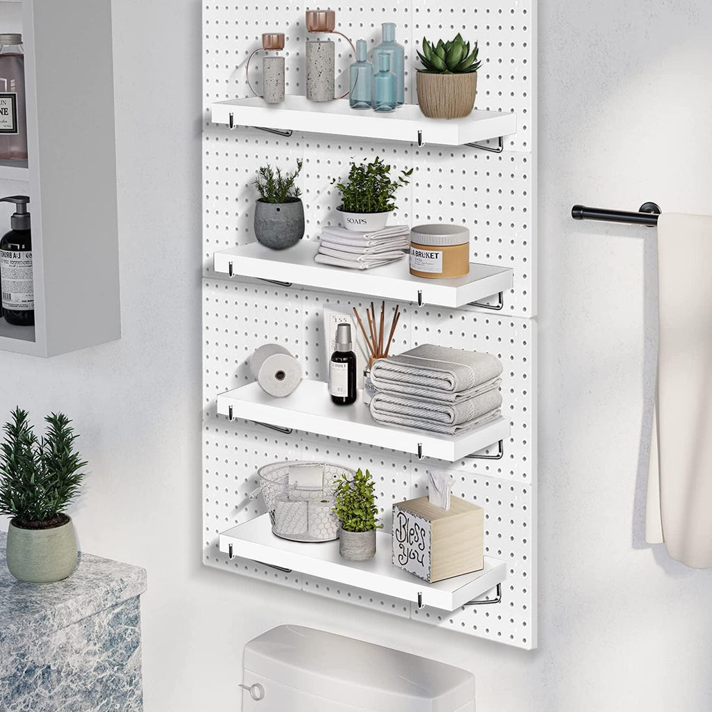 White Stain-Resistant Pegboard Shelf Set with Steel Brackets and Hooks, Pack of 2 O222