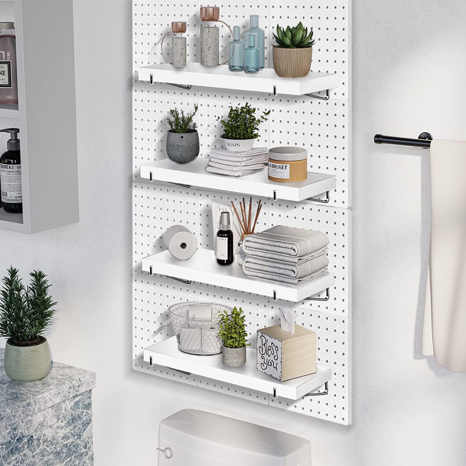 White Stain-Resistant Pegboard Shelf Set with Steel Brackets and Hooks, Pack of 2 O222