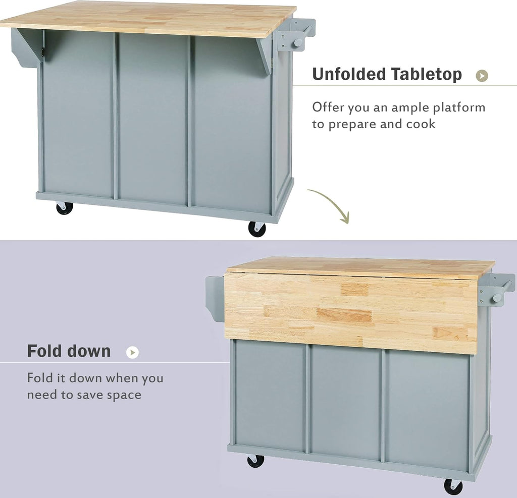 Blue Kitchen Cart with Rubber Wood Drop-Leaf Countertop R356542