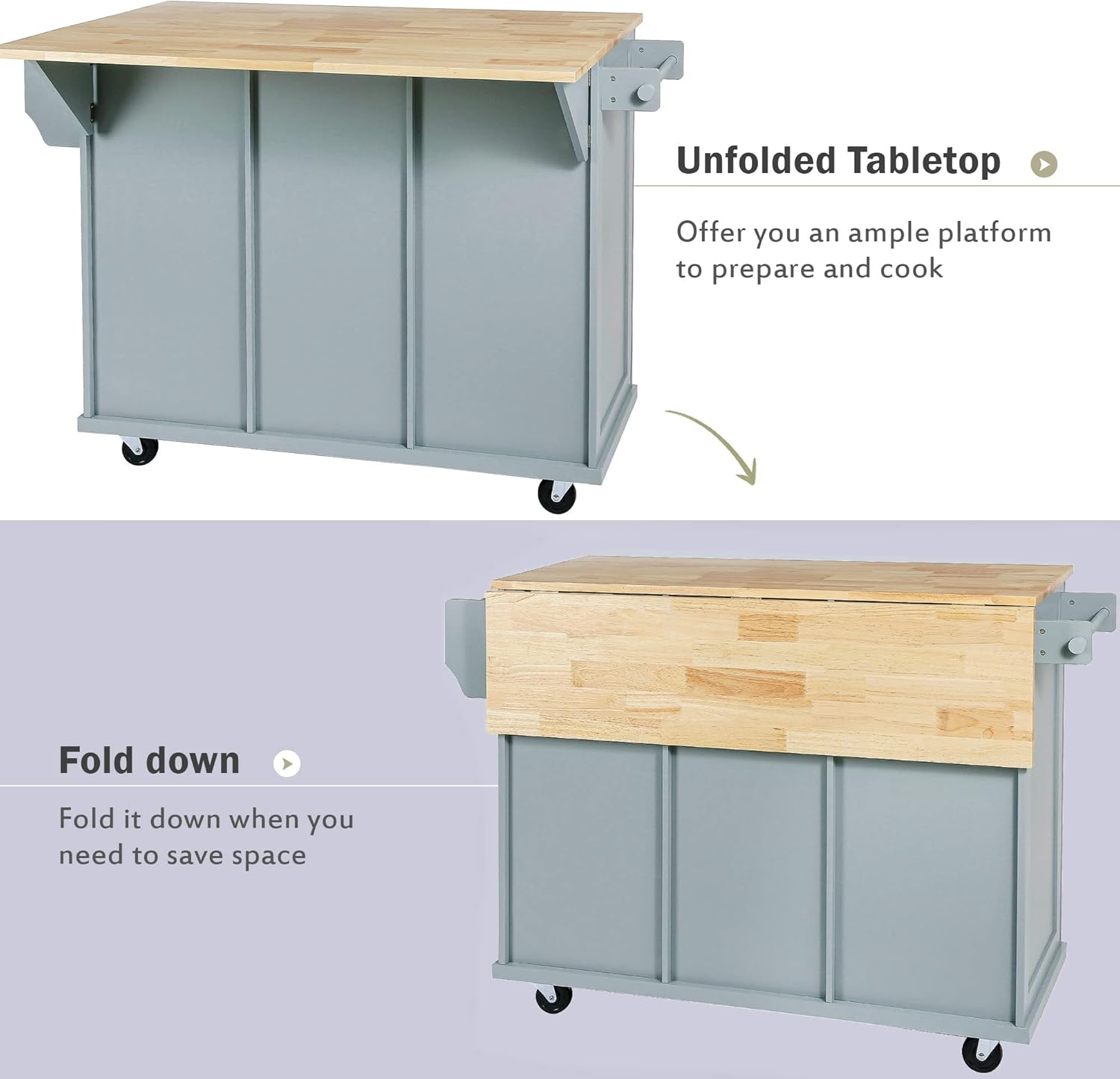 Blue Kitchen Cart with Rubber Wood Drop-Leaf Countertop R356542