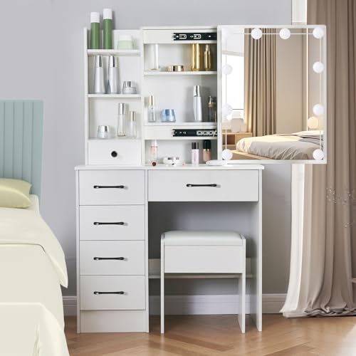 White Vanity Desk with Makeup Mirror and 10 Lights, 3 Color Mode Dimmable Sliding Lighted Mirror, 6 Large Drawers and 3 Level Storage Shelves, Upholstered Stool N56243