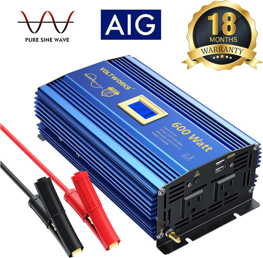 600 Watts Pure Sine Wave Power Inverter DC 12V to AC 110V 120V with Dual 2.4A USB Port & LCD Display T2839
