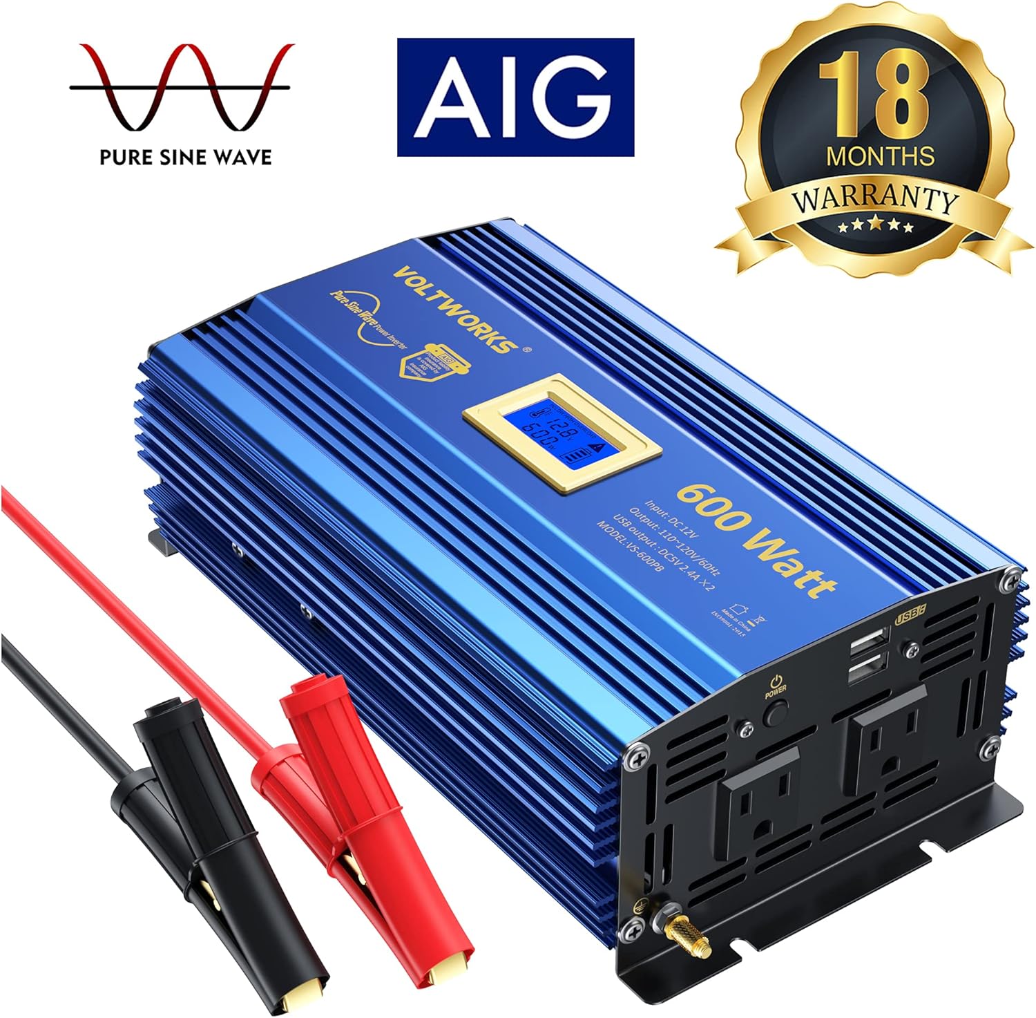 600 Watts Pure Sine Wave Power Inverter DC 12V to AC 110V 120V with Dual 2.4A USB Port & LCD Display T2839