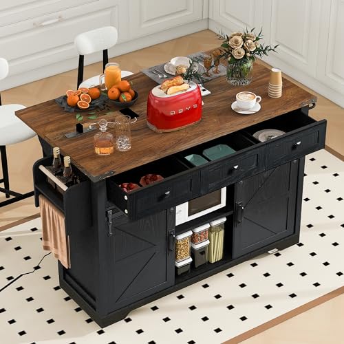 White Farmhouse Kitchen Island with Power Outlet and Drop Leaf B691
