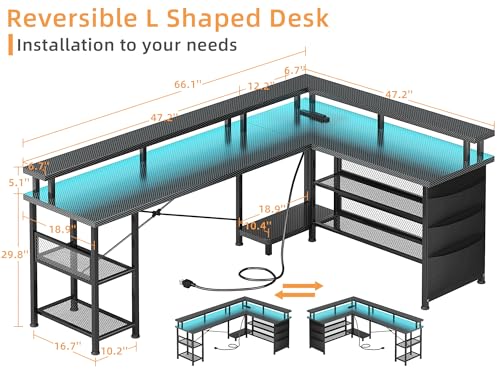 Black Carbon Fiber L Shaped Gaming Desk with Power Outlet and LED Lights B399