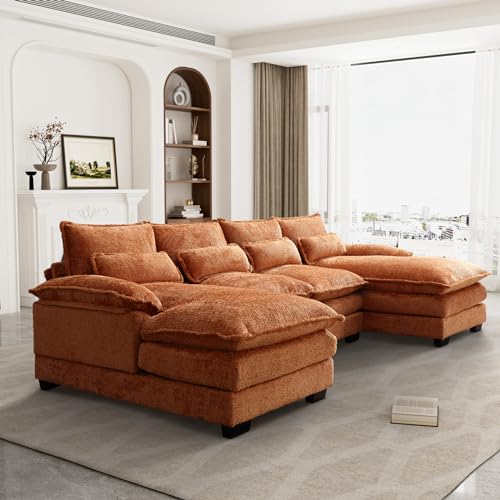 U Shape Sectional Sofa, 110" Upholstery Modular Sofa, 4 Seat Chenille Sleeper Sofa with Double Chaise, Orange I848
