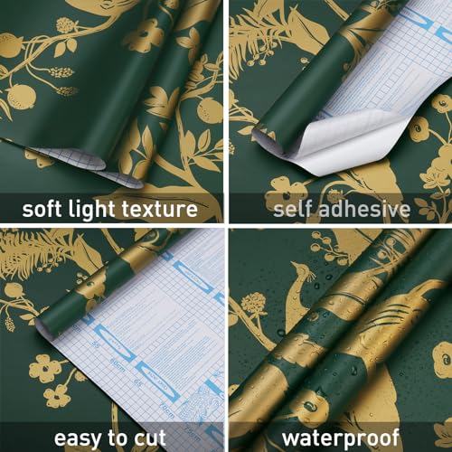 Dark Green Gold Vintage Floral Peel and Stick Wallpaper 17.3" X 118" K225