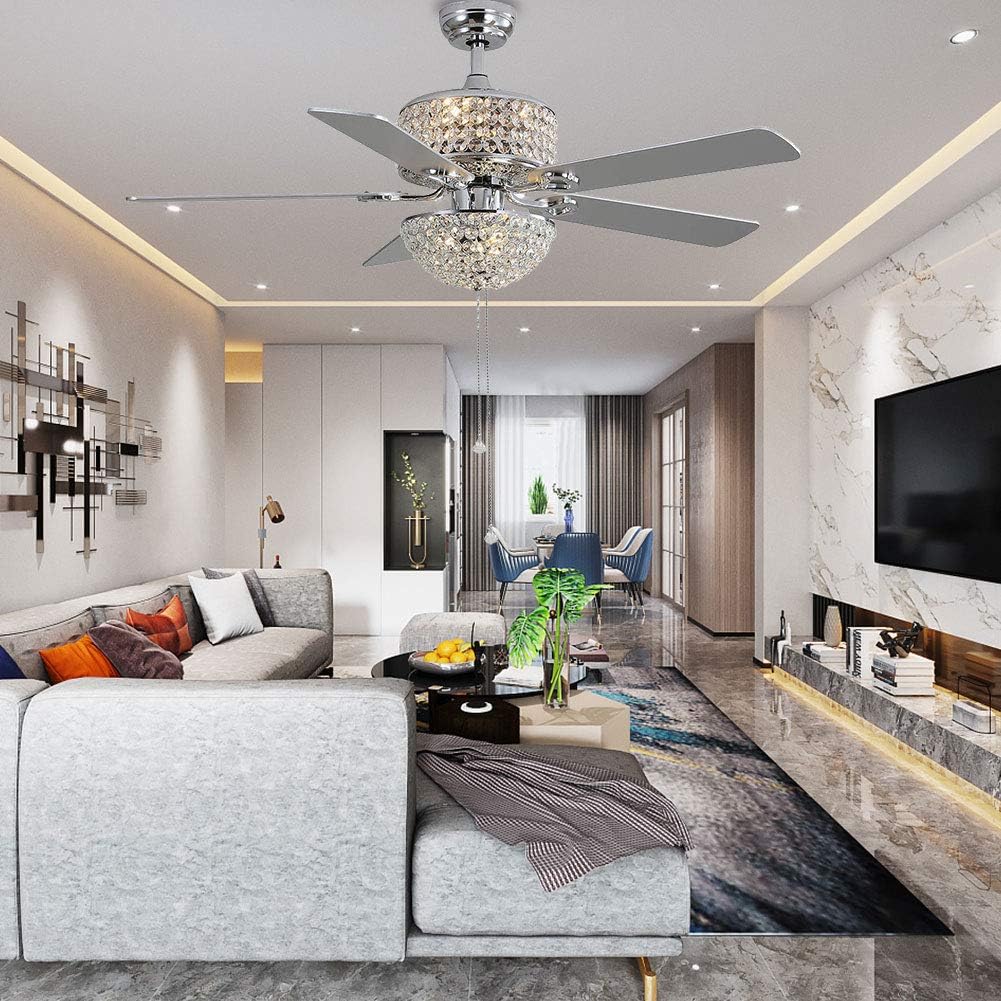 Silver Crystal Ceiling Fan with Light and Remote 5 Blades K7109
