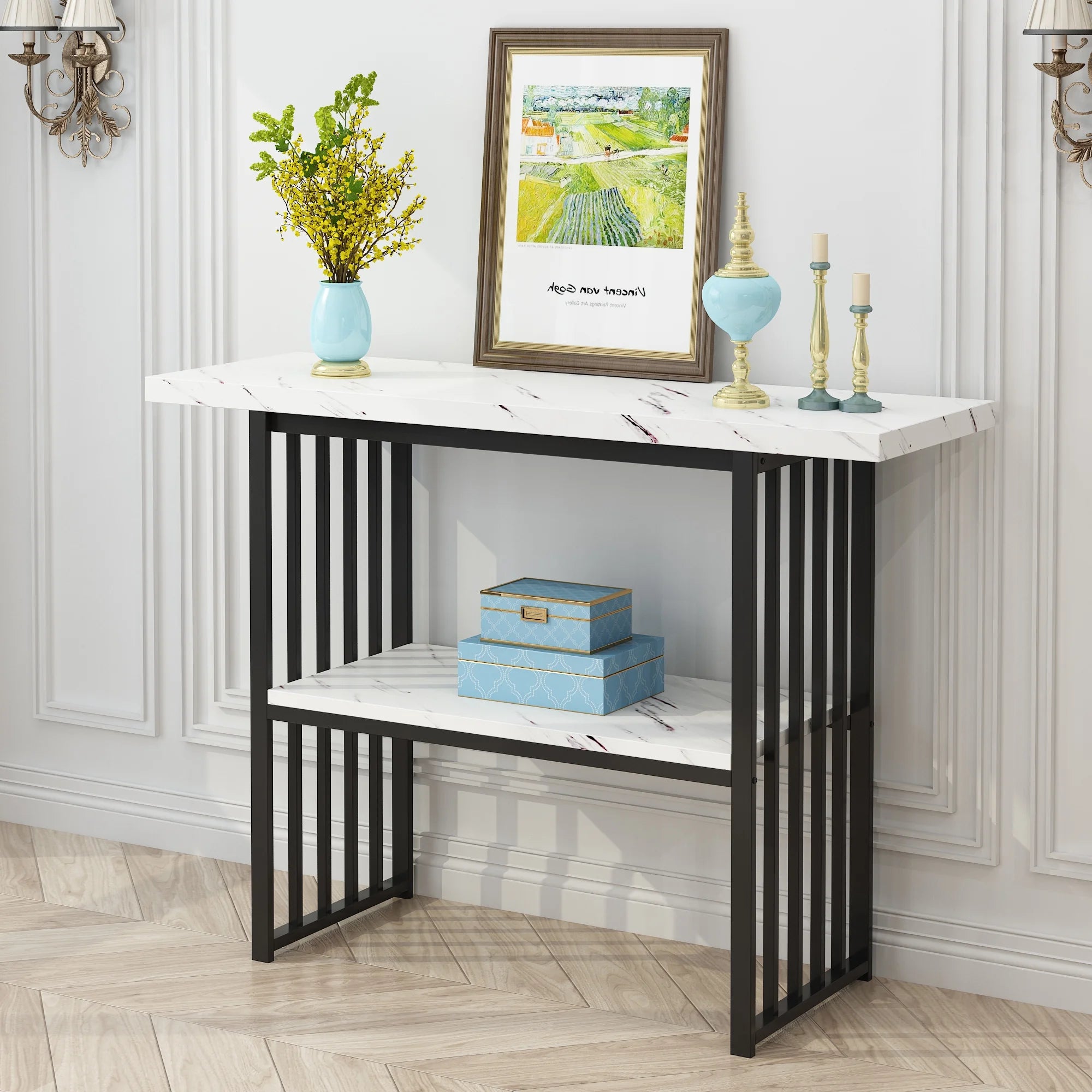 Black 42-Inch Narrow Console Table with Faux Marble Top and Metal Legs V26379