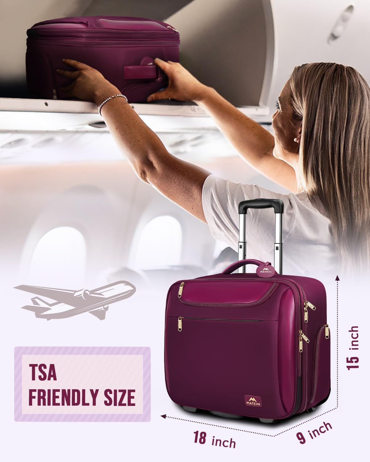 Large 17 Inch Purple Rolling Laptop Travel Bag with Wheels K814