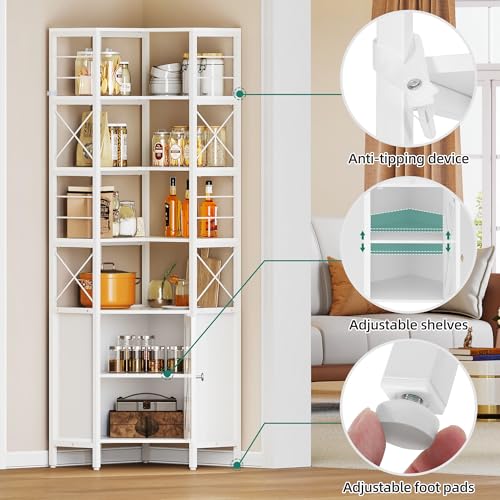 White 7-Tier Corner Bookshelf with Doors J3849