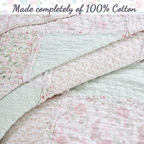 3-Piece Soft Pink Peach Green Cotton Reversible Queen Quilt Bedding Set I54539
