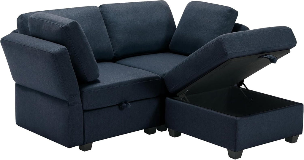 Blue 2 Seater Sectional Sofa with Ottoman and Storage X83854