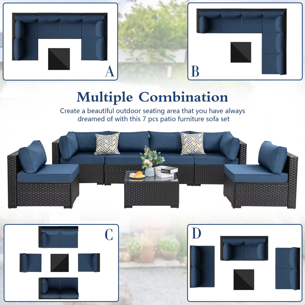 7 Pieces All-Weather Rattan Sectional Sofa with Tea Table Aegean Blue S995