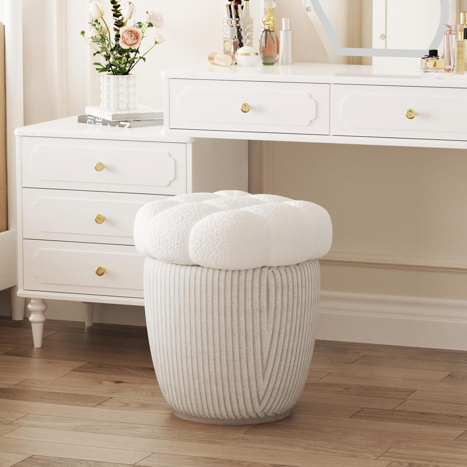 White Round Ottoman with Removable Lid T15240