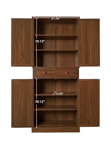 Tall Cabinet with 4 Rattan Doors and 1 Drawers, Adjustable Shelves (Walnut) U4723