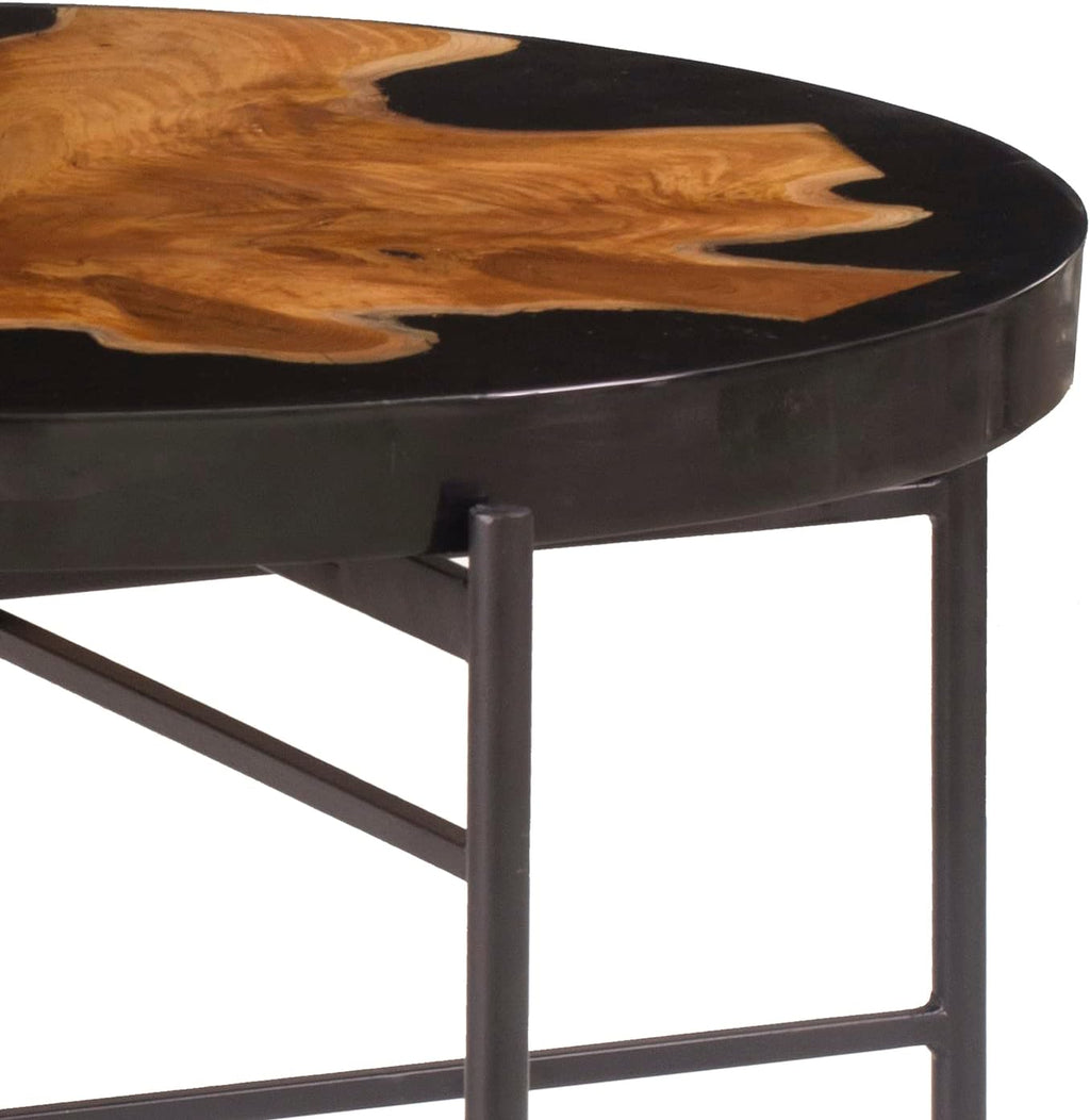 24 Inch Round Accent Side Table, Teak Root Wood and Iron, Brown, Black I76375