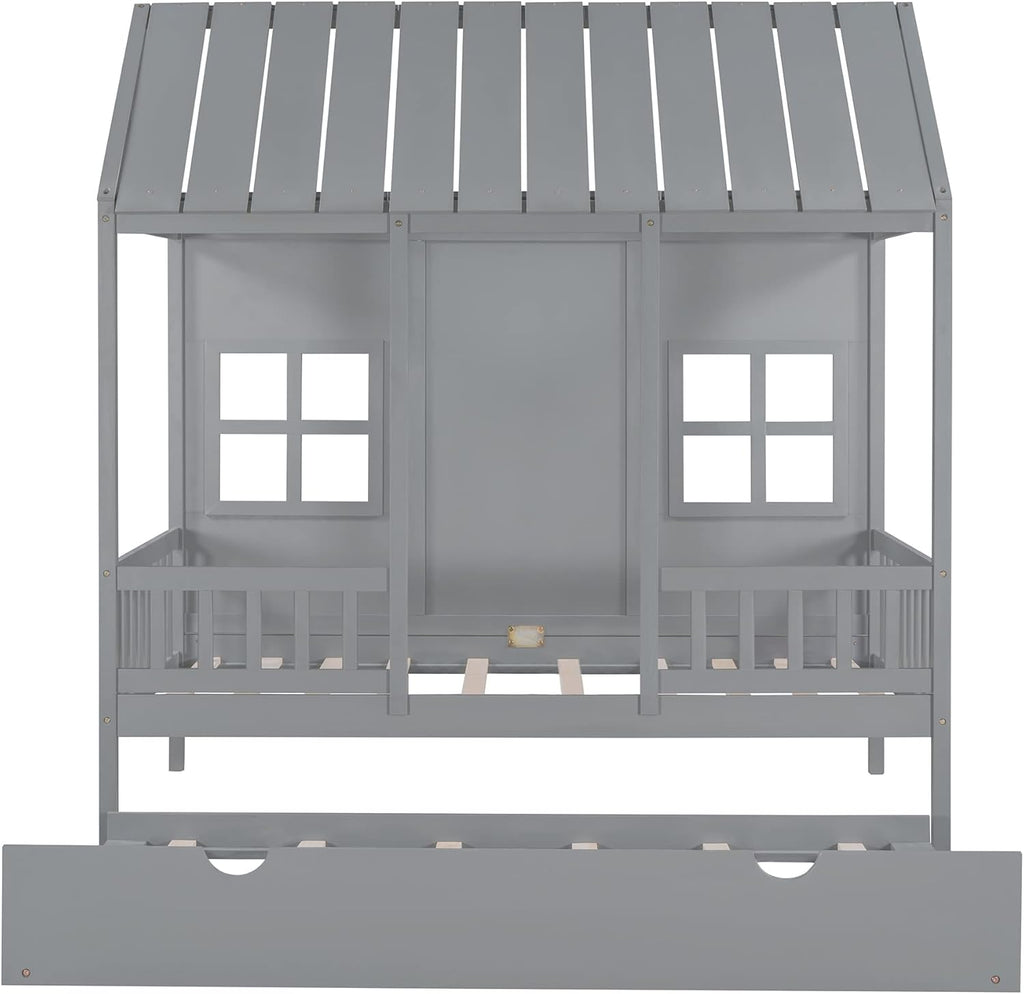 Gray Twin Size Wooden House Bed with Trundle F23323