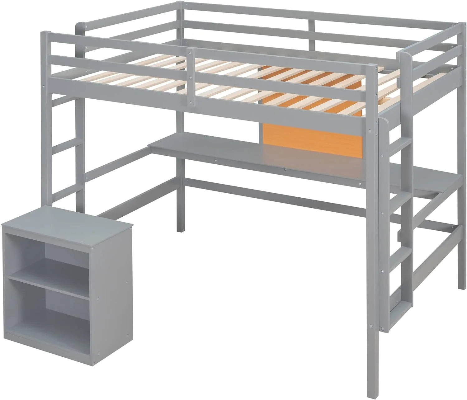 Gray Wood Loft Bed Frame With Desk, Storage Shelves And Writing Board, Two Ladders And Moveable 2-Shelf Cabinet C338
