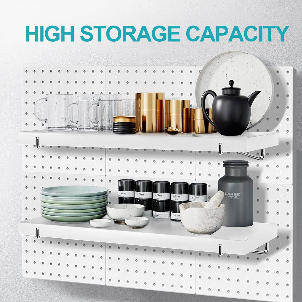 White Stain-Resistant Pegboard Shelf Set with Steel Brackets and Hooks, Pack of 2 O222