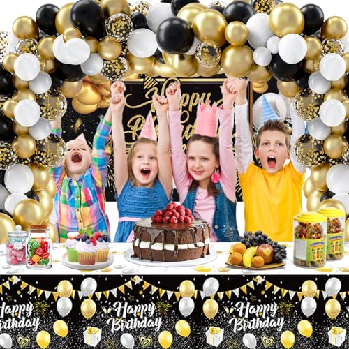 121PCS Happy Birthday Party Supplies Including Backdrop, Balloon Arch Kit, Tablecloth, Banner E6575