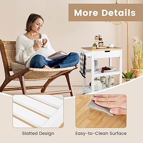 Natural Bamboo Rolling Kitchen Island Cart with Drawer and Shelves K29671