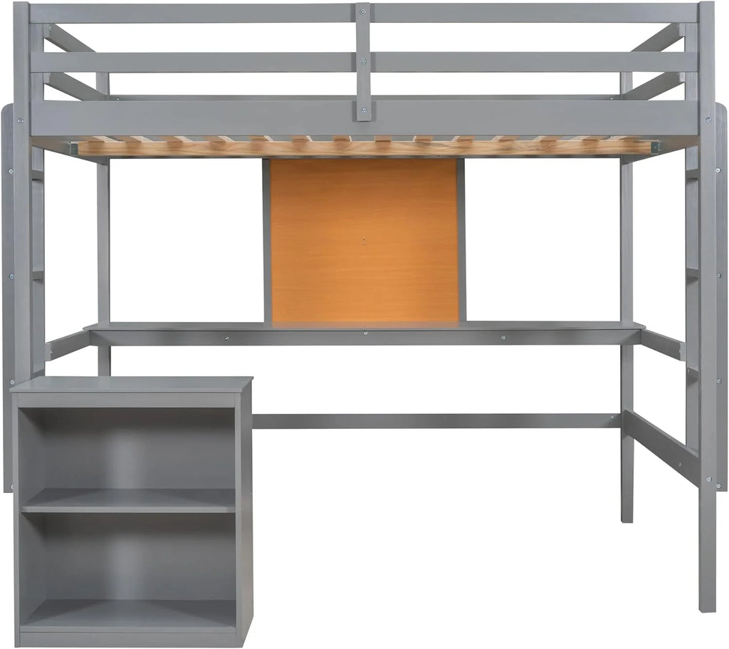 Gray Wood Loft Bed Frame With Desk, Storage Shelves And Writing Board, Two Ladders And Moveable 2-Shelf Cabinet C338