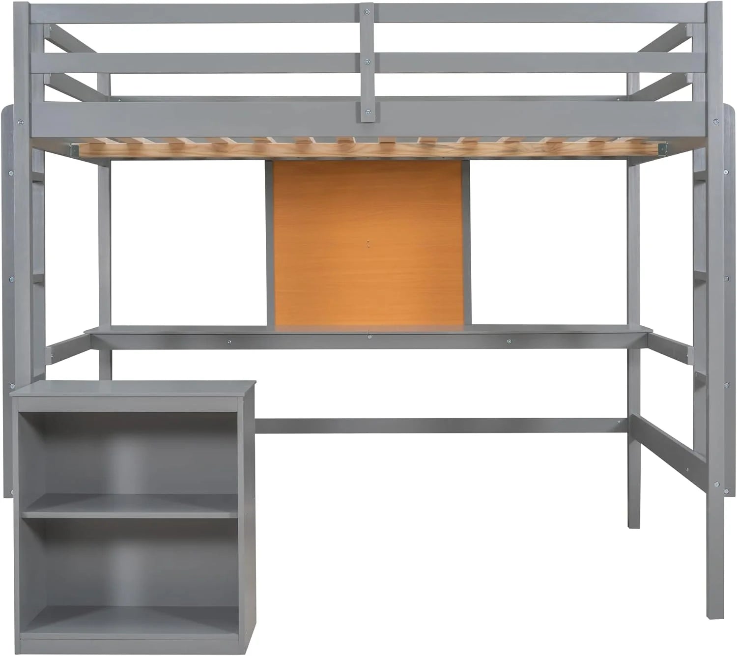 Gray Wood Loft Bed Frame With Desk, Storage Shelves And Writing Board, Two Ladders And Moveable 2-Shelf Cabinet C338