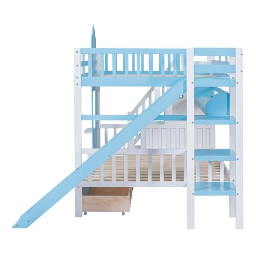 Gray Solid Wood Twin Over Twin Bunk Bed with Stairs and Slide B3312