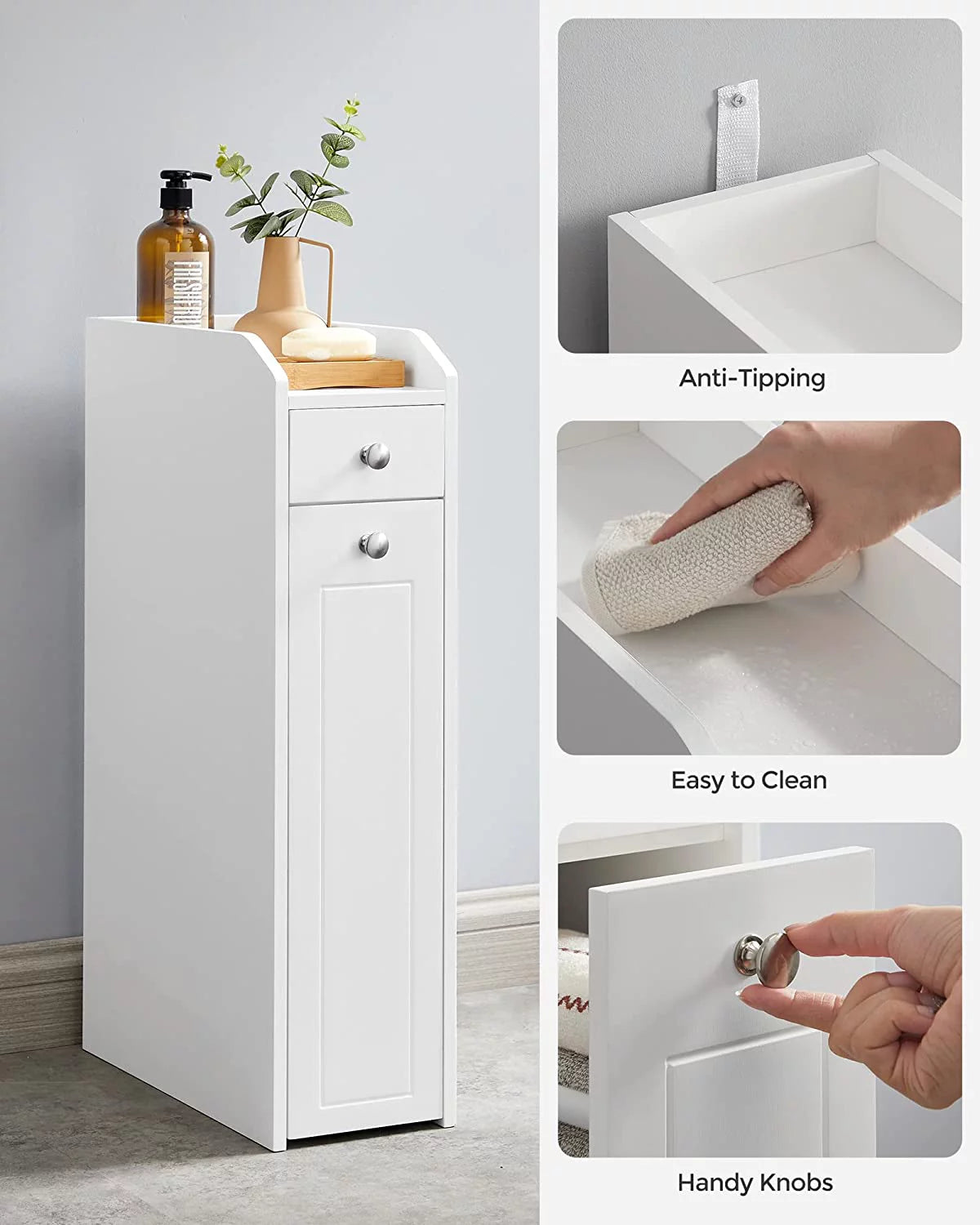 White Slim Bathroom Storage Cabinet with Slide Out Drawers T7001